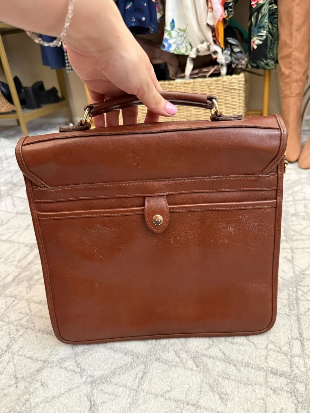 Vintage Woven Brown Leather Briefcase Satchel Bag Boho Dark Academia